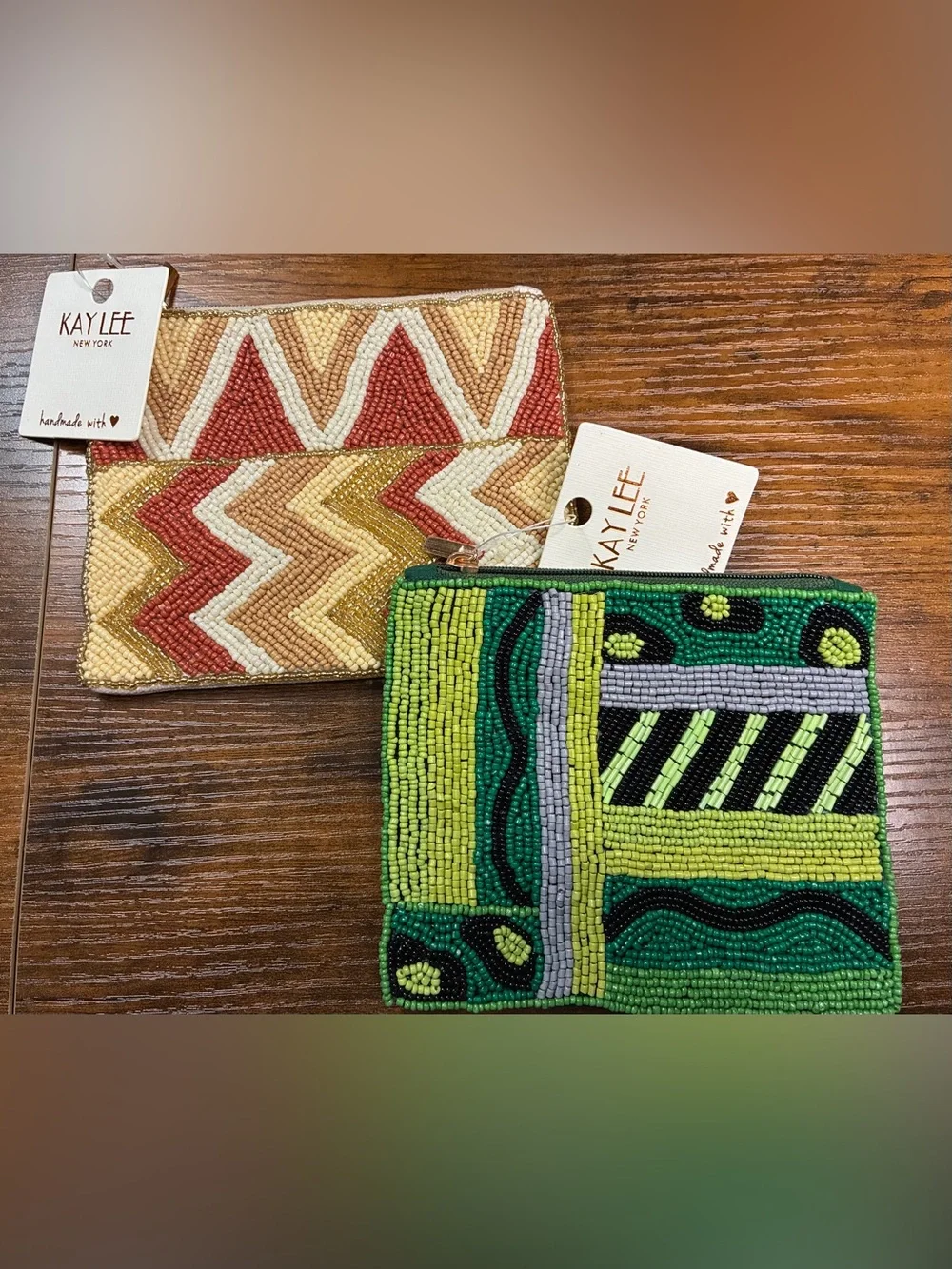 Kaylee New York Green Beaded Pouch and Cream Beaded Wristlet -Set of 2